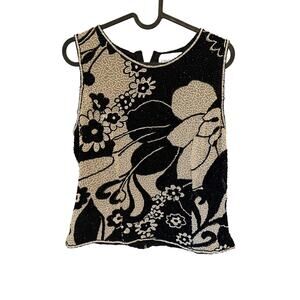 Paradise NY Black White Floral Beaded Sleeveless Top Medium Vintage Party